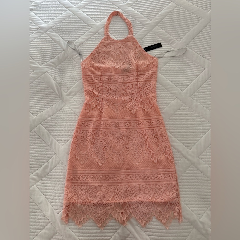 Bobi Black Pink Lace High Neck Halter Midi Dress